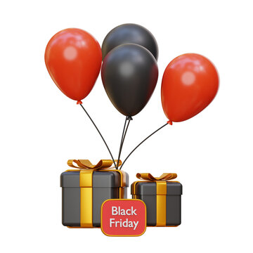 black friday gift boxes with red and black balloons, gold ribbon, and 3d-rendered text, symmetrical festive arrangement