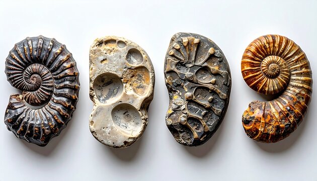 Fossilized ammonite shells arranged in a row on white background, ancient marine creature fossils