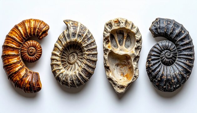 Assorted fossilized ammonites and trilobites arranged in a row on white background