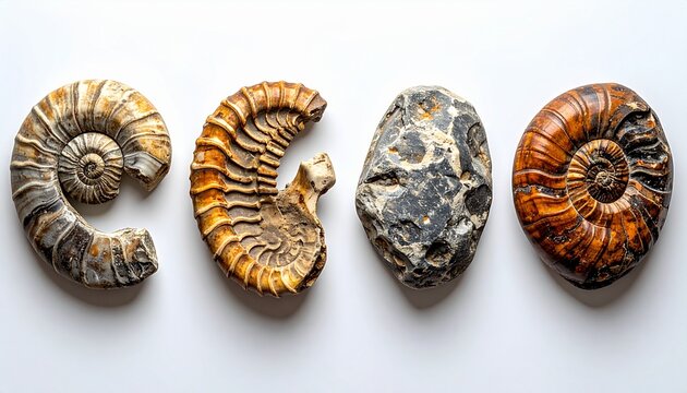 Different types of fossilized ammonites lined up on white surface with varying colors and shapes
