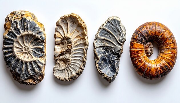 Row of various ammonite fossils displayed on white background