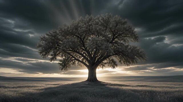 A large solitary tree in a field under a dramatic cloudy sky at sunset