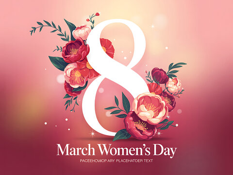 International women day greeting card with number eight and floral bouquet arrangement, celebration
