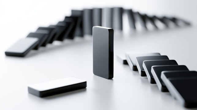 A single upright domino stands against a cascade of falling dominos. The stark contrast highlights the power of standing out and the inevitable chain reaction that follows