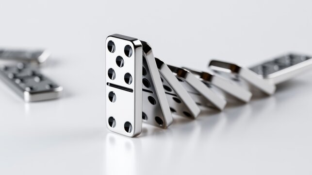 A chain reaction of falling dominoes. One domino stands upright while the rest fall in sequence, creating a visual representation of cause and effect