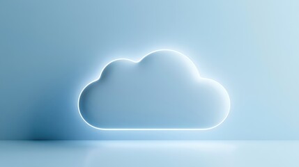 Fototapeta premium A glowing neon cloud symbol on a pastel blue background, representing technology and data storage