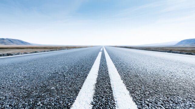 An endless asphalt road stretching towards the horizon under a clear blue sky, symbolizing journey and destination