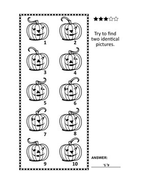 Find two identical pictures with Halloween pumpkins visual puzzle. Answer included.
