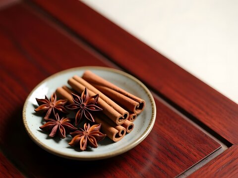 Aromatic cinnamon sticks and star anise on ceramic plate, rustic spice arrangement on dark wood table, culinary seasoning for baking