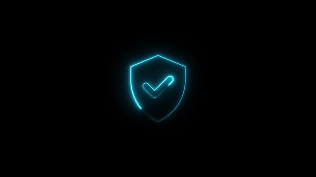 neon security shield with check mark animation, security privacy password protection safety,  security lock icon animation encryption privacy protection secret padlock icon on black background