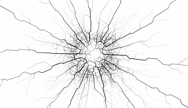 Intricate spiderweb pattern of cracked glass radiating from a central impact point on a clean white background.