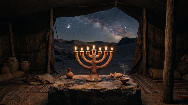 Ancient clay Menorah with burning oil lamps inside a nomadic tent under a starry desert sky