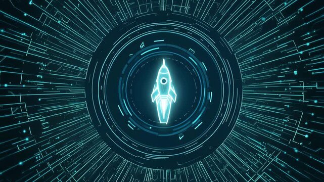 Futuristic digital rocket launch interface with glowing blue circuit technology