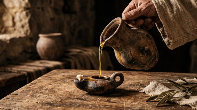 Pouring golden olive oil from a rustic clay pitcher into an ancient oil lamp on a wooden table