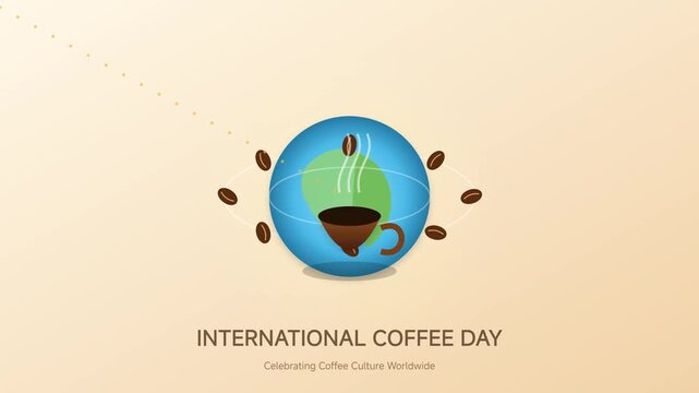 International Coffee Day vector illustration banner featuring a cup of coffee inside a globe with floating coffee beans on a light beige background