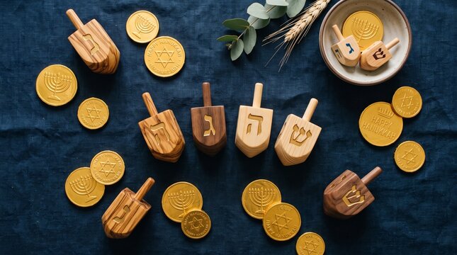 Hanukkah flat lay with wooden dreidels showing Hebrew letters and gold chocolate coins on a dark blue background
