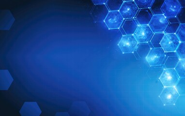 Fototapeta premium Glowing blue hexagonal network overlays a dark blue cosmic background