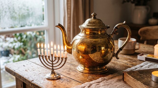 Cozy Hanukkah celebration with a lit menorah and antique brass teapot on a rustic wooden table by a frosty winter window