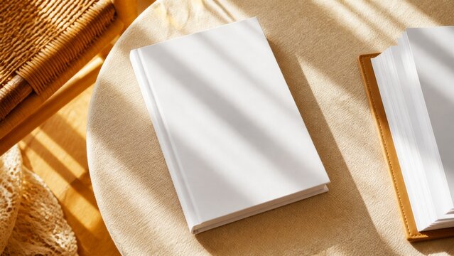 Blank white book cover mockup on natural fabric with warm window shadows