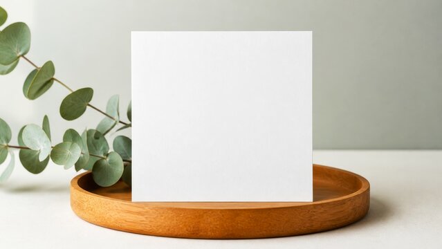 Blank square card mockup on wooden tray with eucalyptus and neutral background