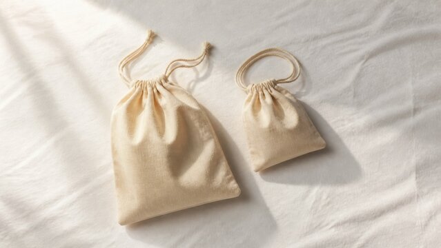 Reusable cotton drawstring bag mockup set in two sizes on neutral fabric