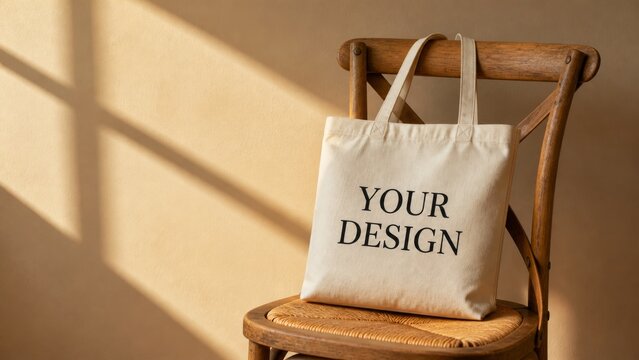 Canvas tote bag design mockup on wooden chair with warm sunlight and shadow