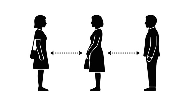 Social distancing graphic illustration showing silhouettes of people standing apart for safety during health crisis in a simple black style