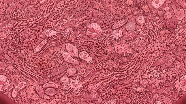 Microscopic Illustration of Diverse Microorganisms and Cells