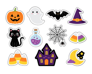 Naklejka premium Set of cute halloween stickers with pumpkin ghost bat witch hat black cat magic potion spider web candy corn house moon.