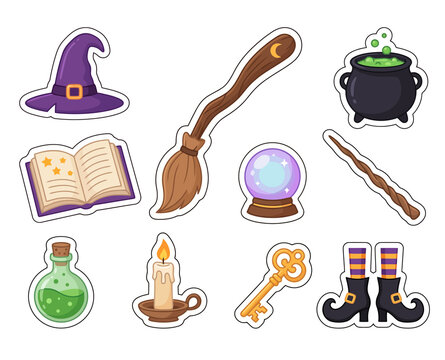 Magical witch equipment sticker set including hat broom potion cauldron spellbook wand candle key striped socks icons.