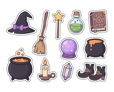 Witchcraft sticker set with magical items like hat broomstick wand potion book cauldron candle crystal ball boots icons.