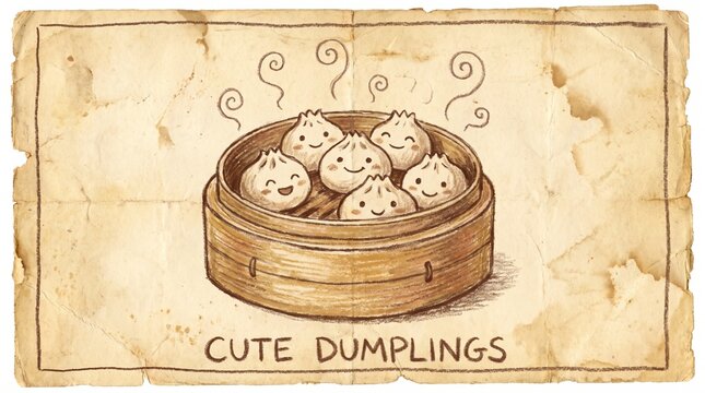 Cute Cartoon Dumplings in Bamboo Steamer with Happy Faces
