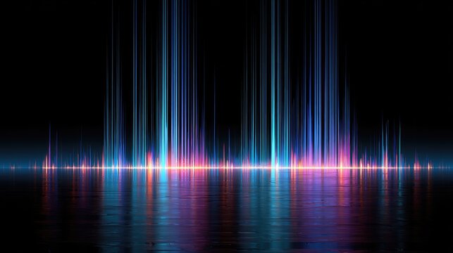 Vertical light beams on dark surface reflect, creating abstract visual equalizer