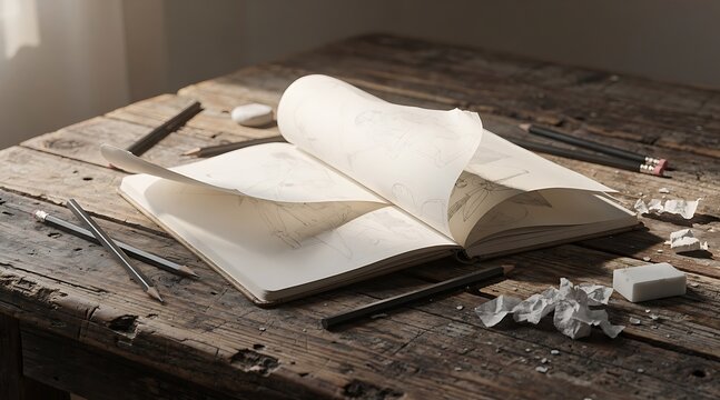 Artistic Open Sketchbook with Pencil Drawings and Erasers on Rustic Weathered Wooden Table Workspace