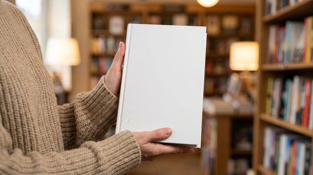Blank white book mockup held by hands in a cozy bookstore or library.