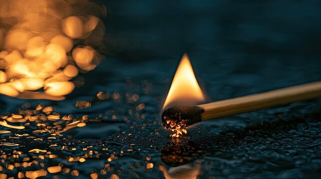 A burning match ignites, scattering sparks across a wet, reflective surface