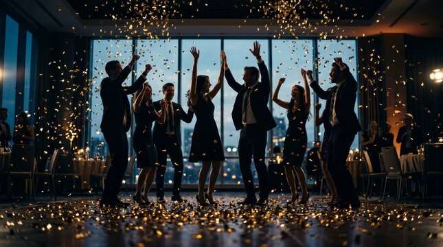 Business success concept featuring silhouettes of people dancing during a corporate holiday party.