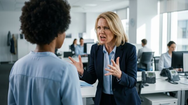 Workplace discrimination and racism shown as a Caucasian female boss shouts at a Black employee in an office.