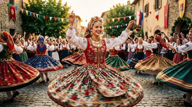 A group of women performing a traditional dance in colorful folk costumes in a village.