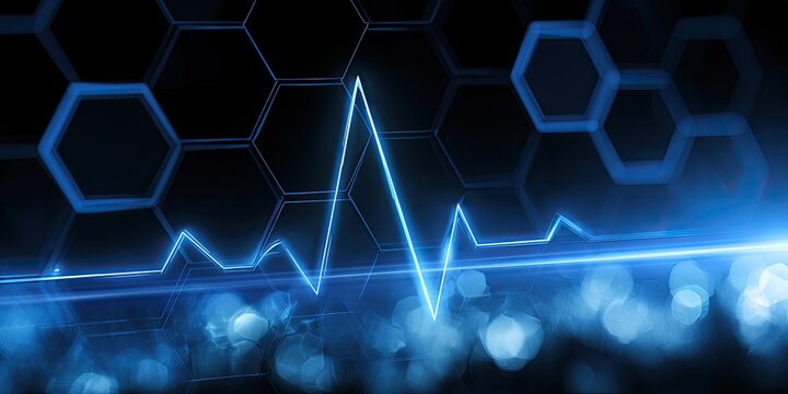 Neon blue heartbeat line over futuristic hexagonal grid, digital
