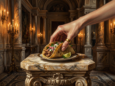 Classical oil painting style of hand reaching for taco on marble pedestal in ornate palace interior.