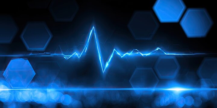 Vibrant blue energy wave pulsates against a dark, hexagonal backdrop