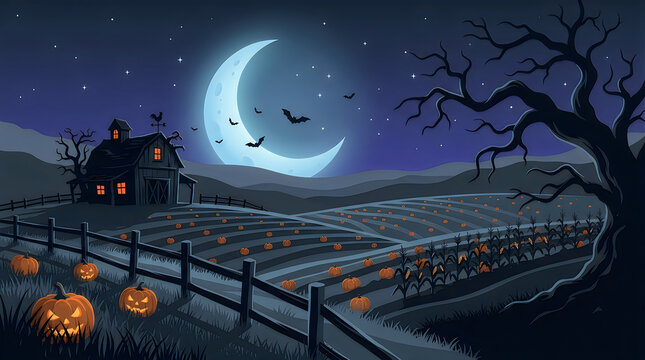 Pumpkin patch field sits under a crescent moon with bats flying at night.