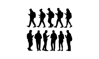 Obraz premium Black silhouette of eight people walking in two rows, flat style silhouettes white