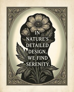 Vintage botanical silhouette of woman with serenity quote