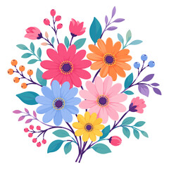 Fototapeta premium Cheerful spring flower bouquet with pink, orange, blue and yellow blooms and leafy botanical accents