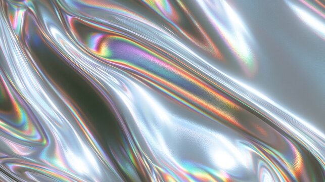 Reflective, iridescent liquid with swirling patterns and subtle rainbow hues