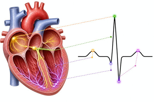 Heart conduction system mapped to electrocardiogram waves