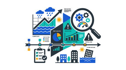 Naklejka premium Professional climate change risk assessment vector illustration featuring environmental data charts, financial impact graphs, and sustainability analysis icons.