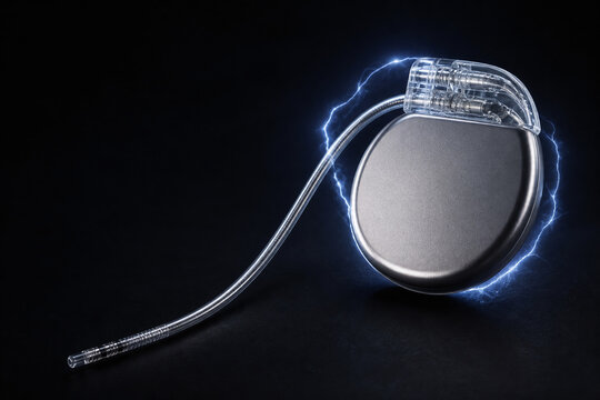 Implantable defibrillator device with lead on dark background